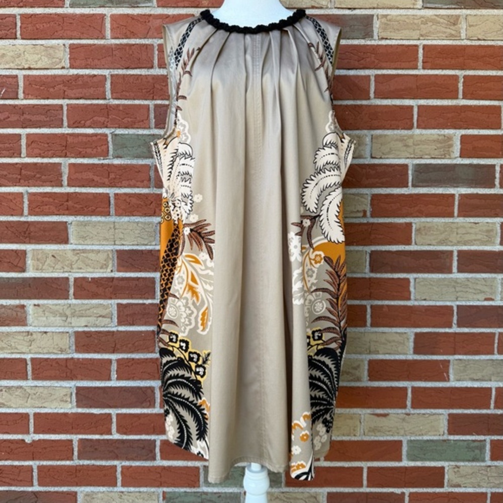 Marc Cain Deep Sand Tan Floral Leaf Pattern Sleeveless A-line Dress Size N7 👗